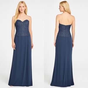 💙 Oleg Cassini Navy Beaded Strapless Gown – Size 8